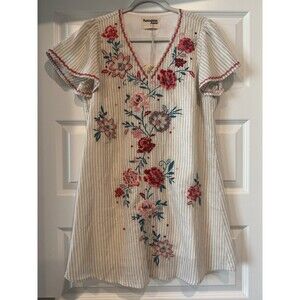 Savanna Jane Embroidered Chambray Stripe Dress S Shift Flutter Sleeve